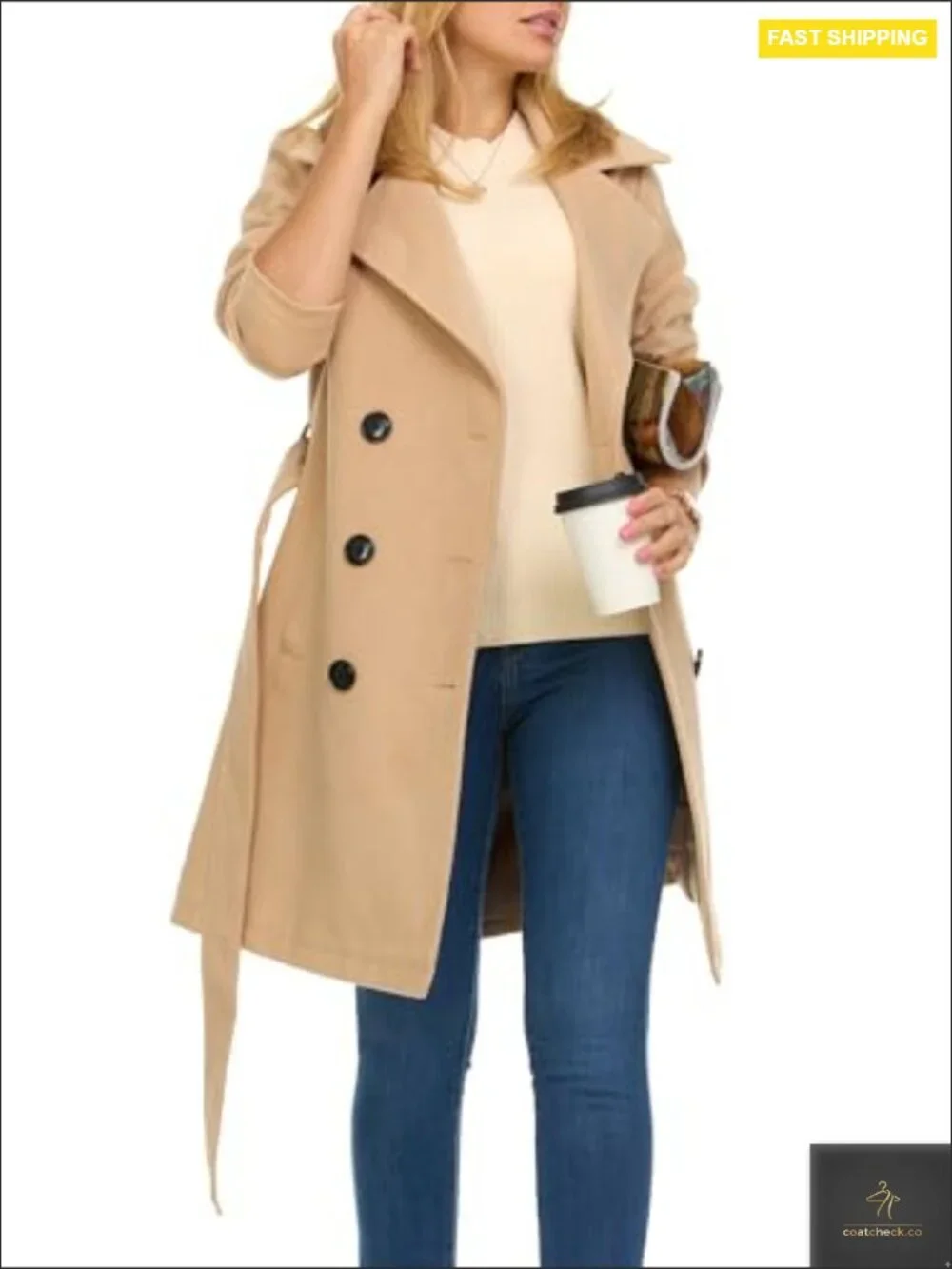 Double-Breasted Trench Coat Faux Wool Classic Elegant Winter Overcoat Fitted - Picture 3 of 7